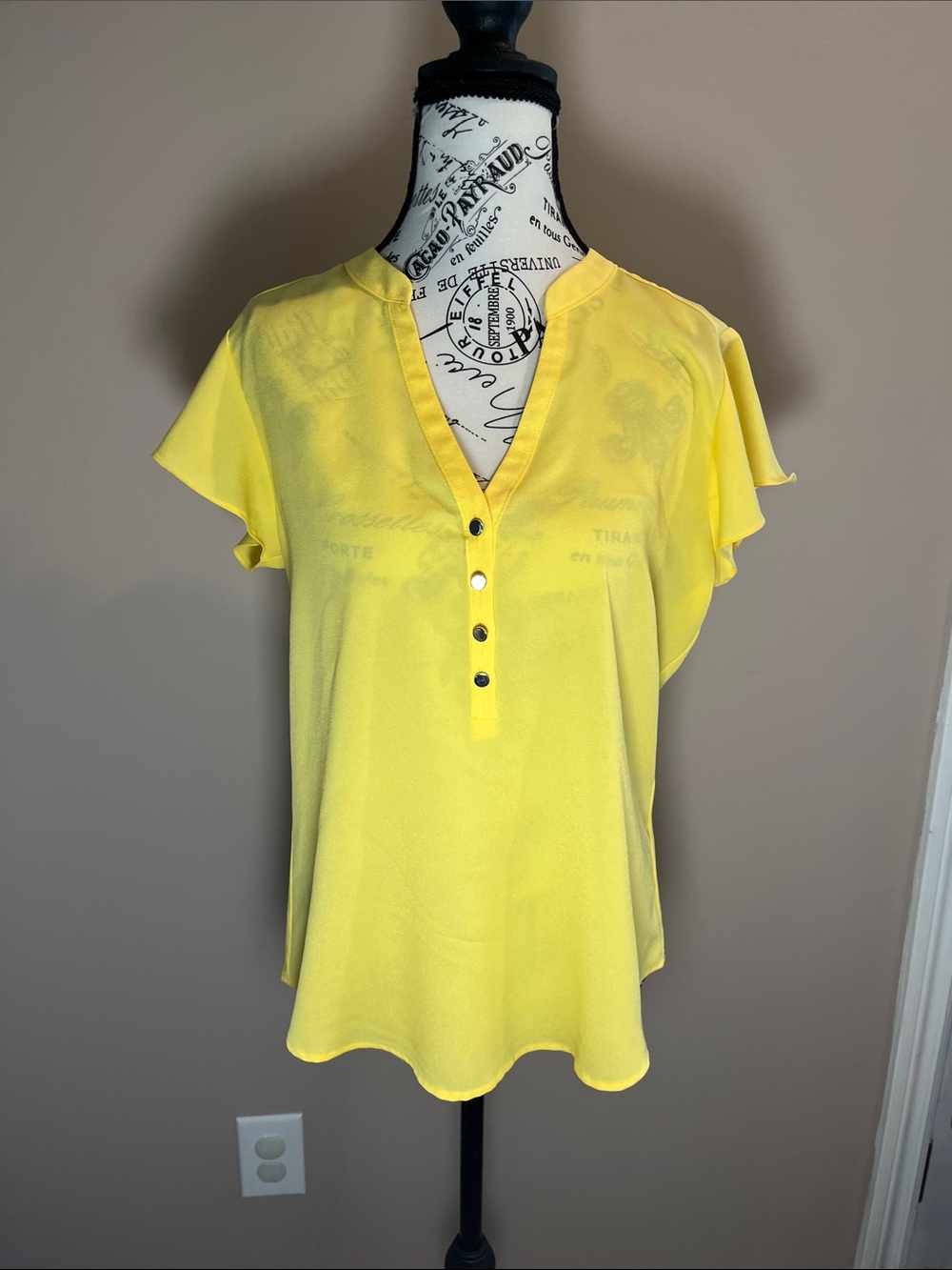 New York & Company Sunny Yellow V-Neck Button Flutter Sleeve Top